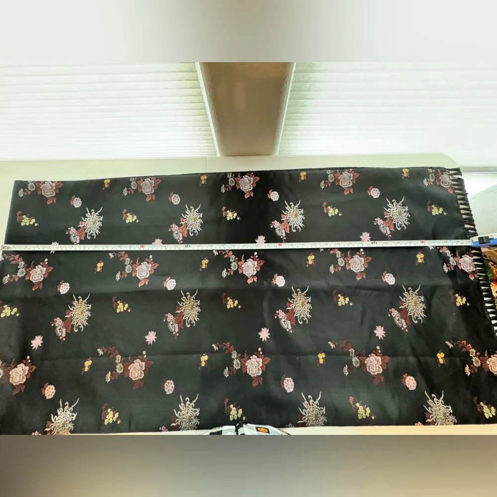 Vintage Black Floral Satin Floral Print Fringed Scarf Wrap - Image 4