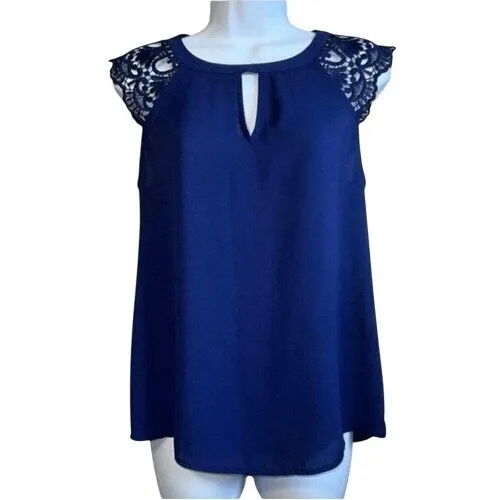 EXPRESS Navy Crochet Flutter Sleeve Top O'Ring Tie‎ Open  Back NWOT  Small - Image 2
