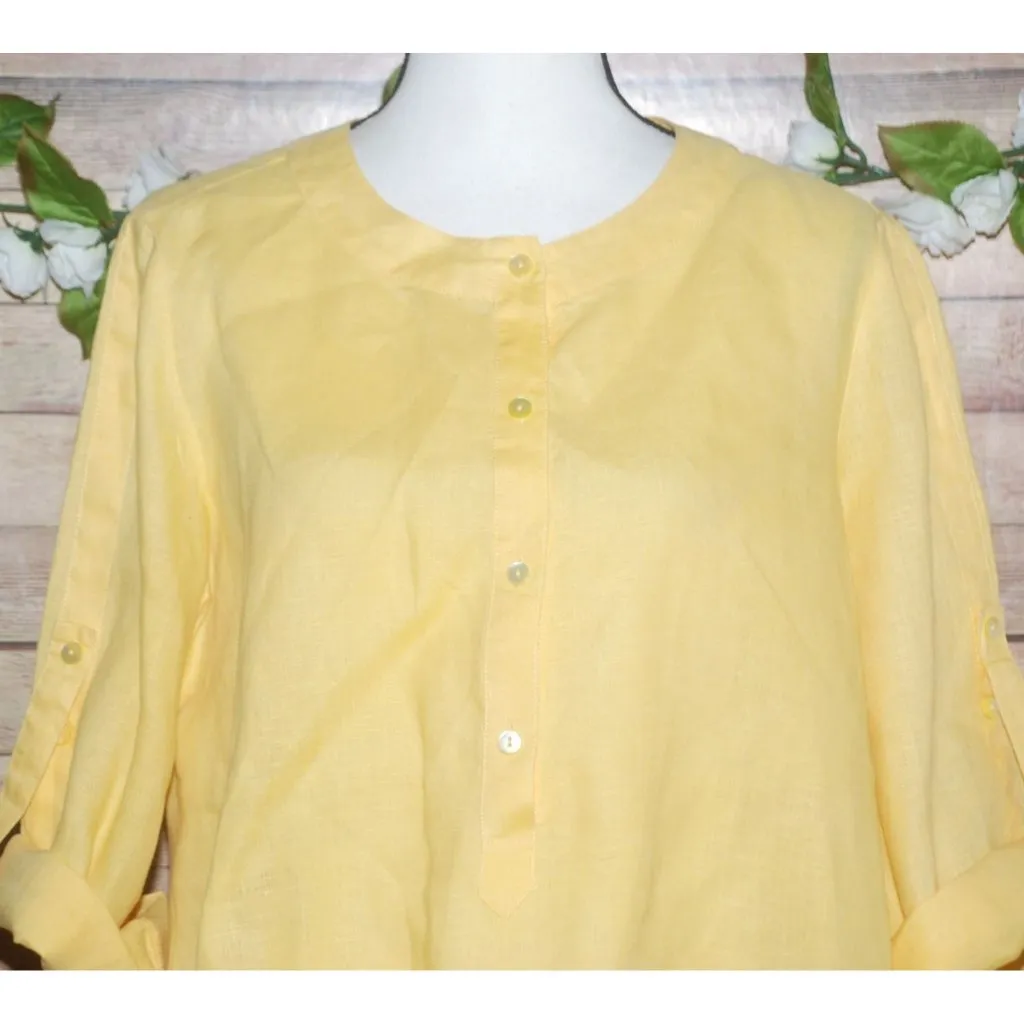 Lafayette 148 Linen Ladies 12 Sunny Yellow Top Blouse Roll Tabs Elastic Waist - Image 2