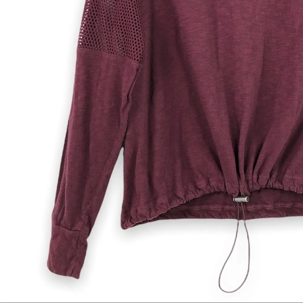 Maroon Mesh Panel, Cinch Waist Long Sleeve Athleisure Top - Image 5