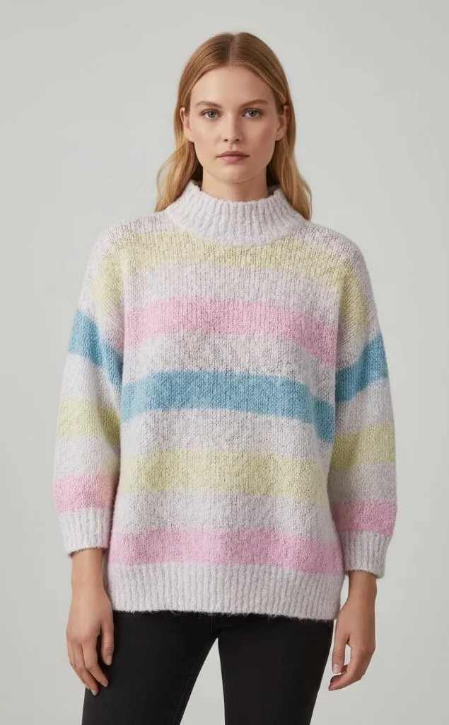 Vintage 80's MISTER NOAH Pastel Stripe Acrylic Boucle Sweater Size Medium Blue - Image 1