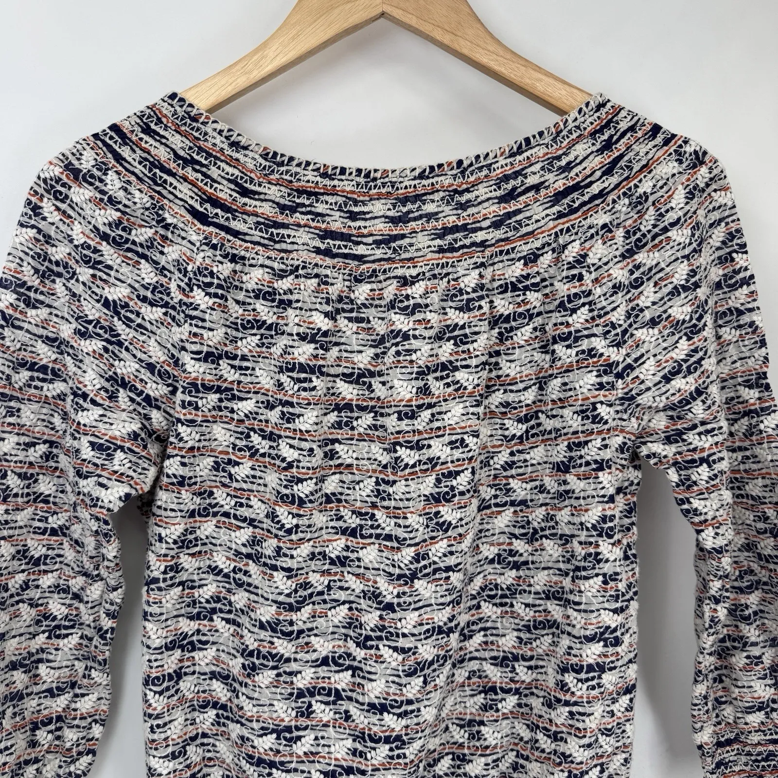 Tory Burch Nadia Peasant Top Womens 4 Blue White Orange Embroidered Tassels - Image 11