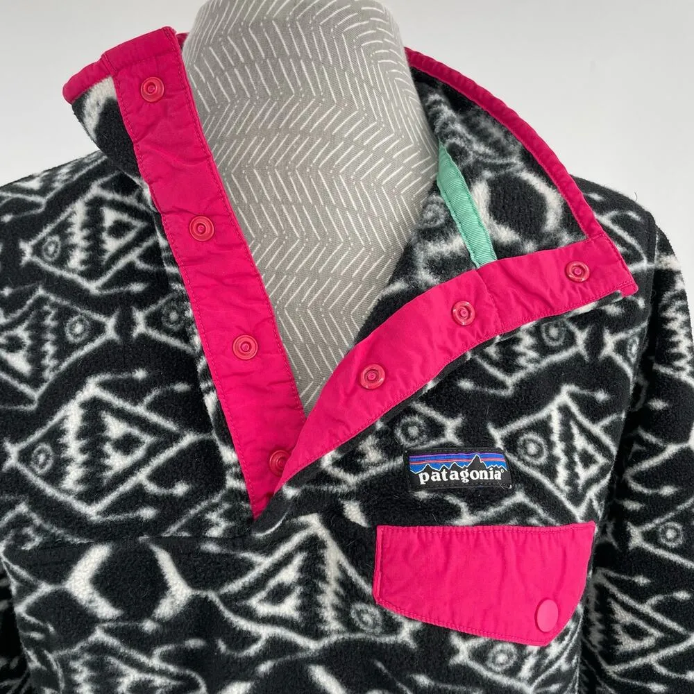 Patagonia Big Fish Ikat Print Synchilla Fleece Pullover Black White Hot Pink S - Image 4