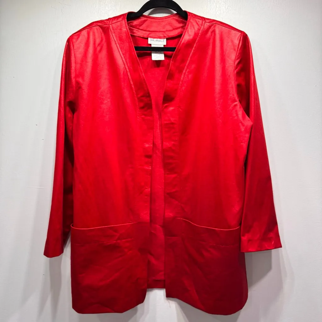 Vintage Red 2 Piece Set Open Front Long Blazer & A Line Skirt Women’s Size 20 - Image 2