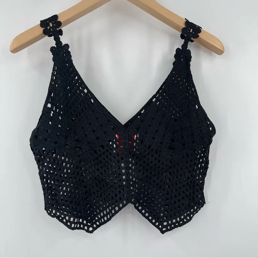 NATIVE ROSE Crochet Crop Tank Cropped Black Boho Festival B&W Nina NWT S/M - Image 6