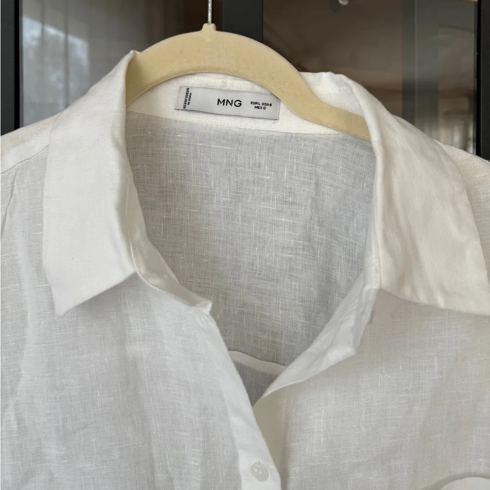 Mango linen button down shirt white long sleeve pocket collar - Image 3