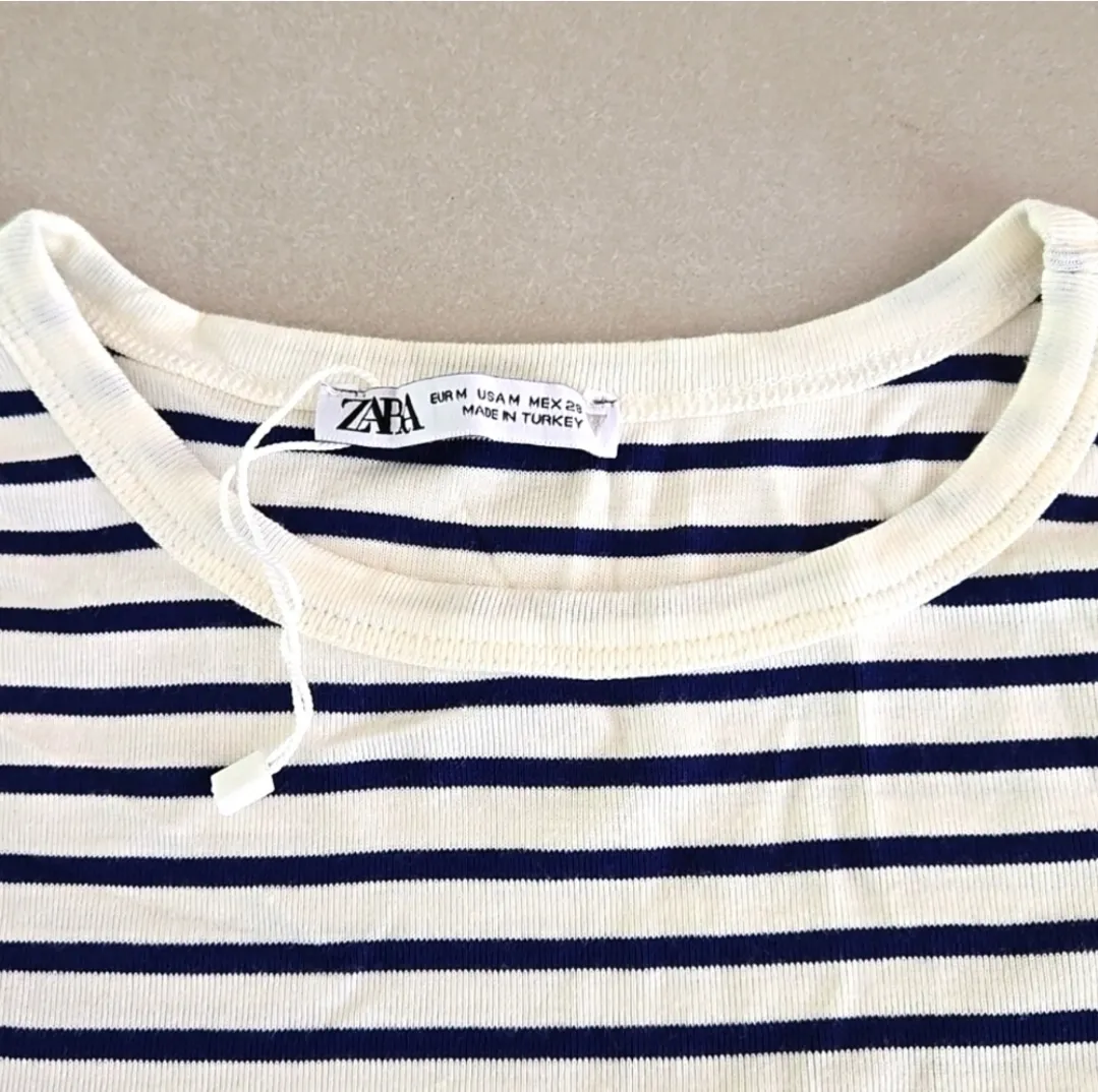 Zara Navy Striped Crew Neck Cropped Top - Image 2