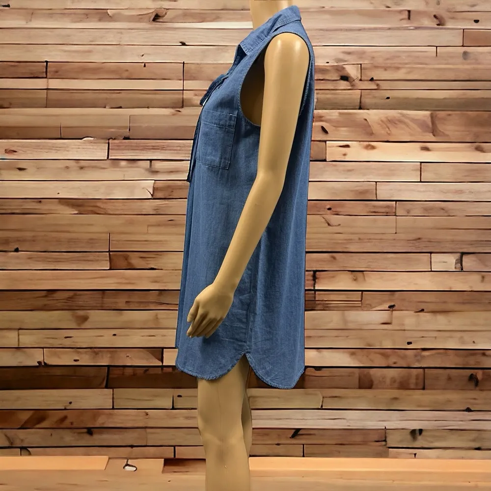 Honolua Wahine Sleeveless Lightweight Cotton Lace Up Collared Pocket Dress M Blue Size M - Image 5