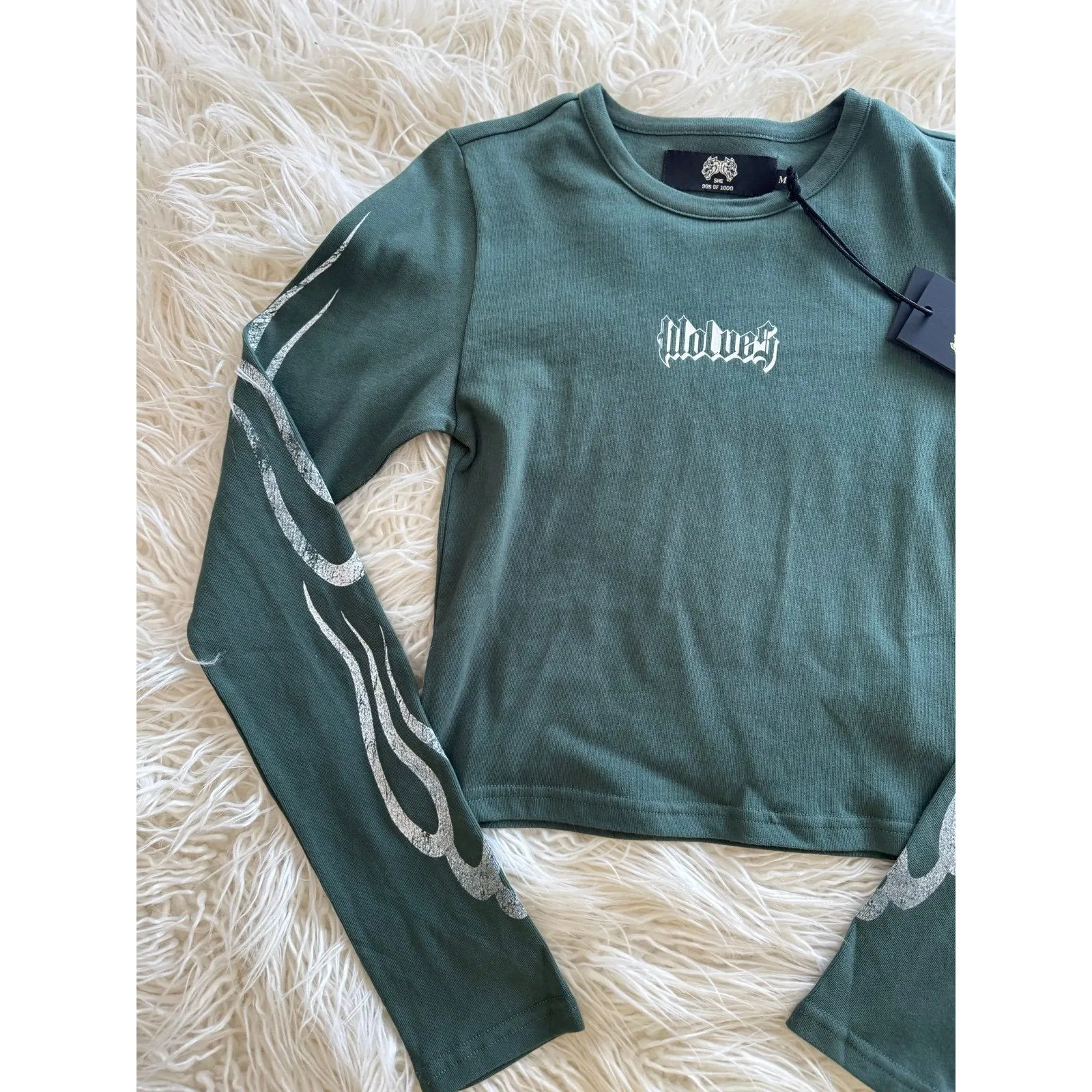 Darc Sport Wolves Flame Long Sleeve Baby Tee Norse Green Size Medium - Image 4