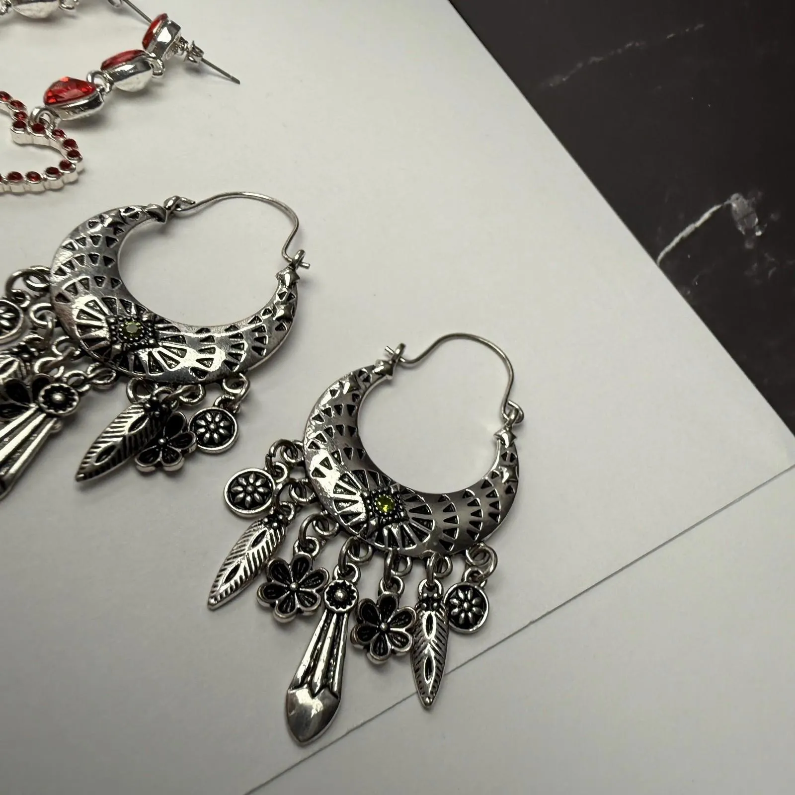 Dangle, Hoop, Ear Crawler Mix Pierced Earrings Lot Of 3 Silver Tone Rhinestone - Image 16