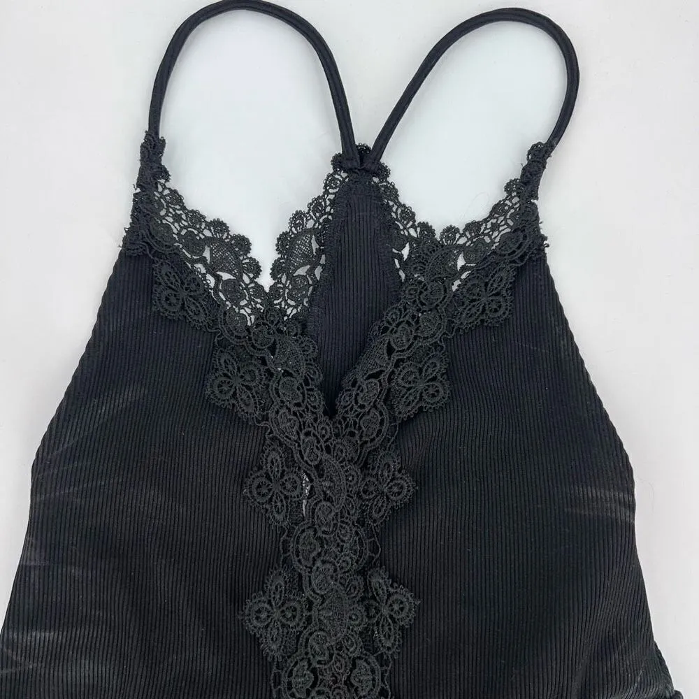 NWT Topshop Bodysuit Top Ribbed Knit and Lace Trim‎ Strappy Straps Black Size US - Image 6