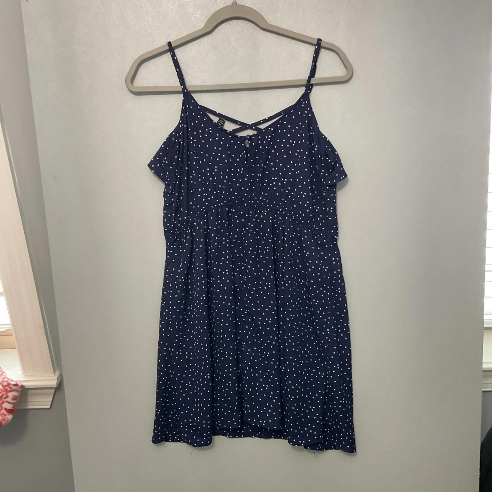 Three Pink Hearts Navy Polka Dot Ruffle Strap Dress XL - Image 3