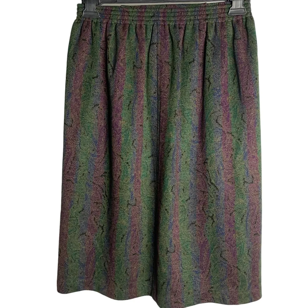 Paisley Striped Pullon Flannel Skirt S Green Purple Blue Elastic Waist Lined - Image 3