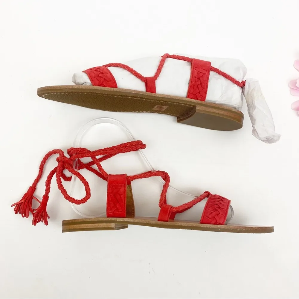 Frye Ruth Suede Leather Whipstich Gladiator Ankle Wrap Sandals Flats: Red - Image 7