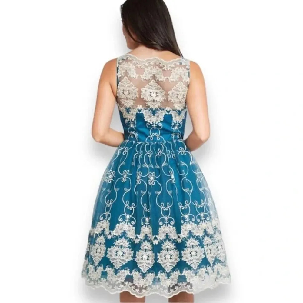 Chi Chi London Reign or Shine Teal Metallic Lace Sleeveless Midi Prom Dress NWT - Image 2