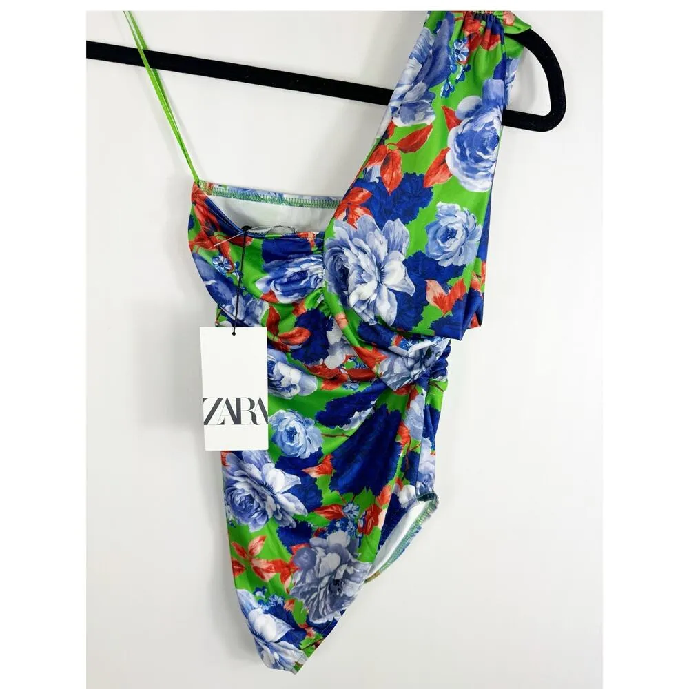 Zara Womens One Shoulder Bodysuit Green Blue Multicolor Flowers Small - Image 7