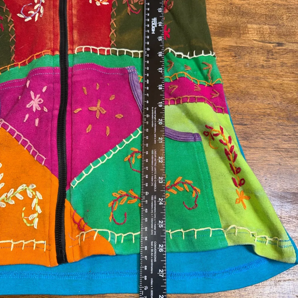 Rising International Boho Hippie Full Zip Hooded Jacket Patchwork Artsy Gypsy L Blue Size L - Image 6
