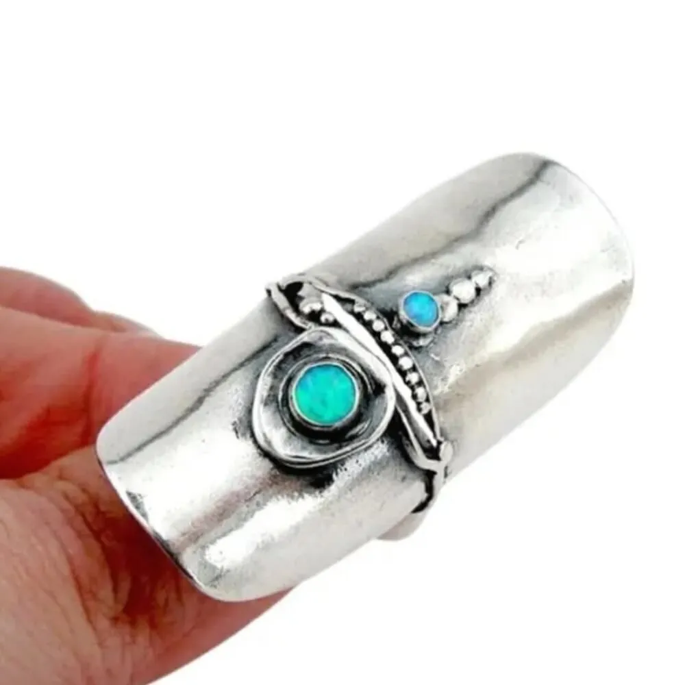 Silver Statement Ring for Women Retro Boho Design with Gemstone Adjustable Blue Size 6 - Image 3