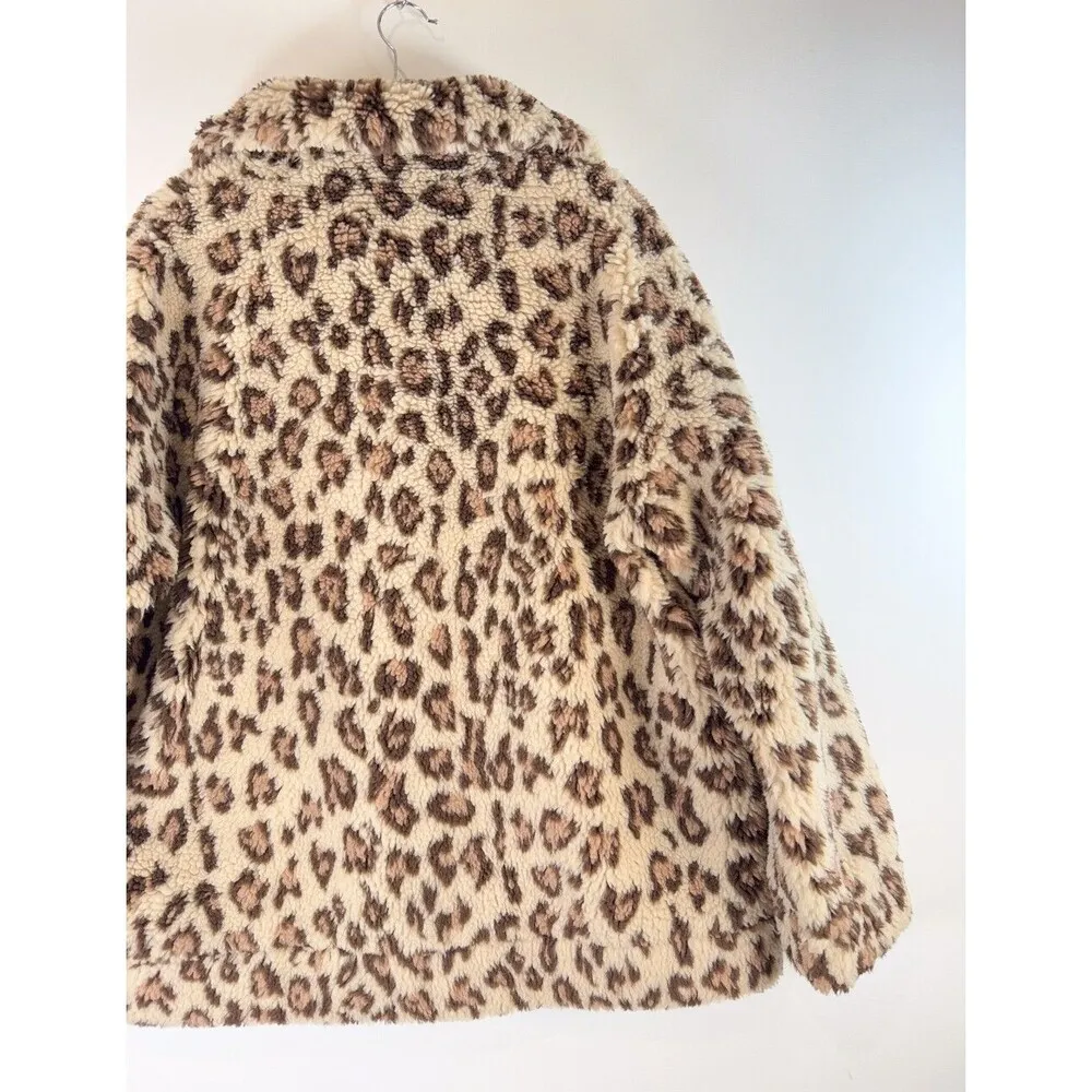 Show Me Your MuMu Women Jacket Brown Cordelia Leopard Faux Fleece Full Zip Large - Image 9