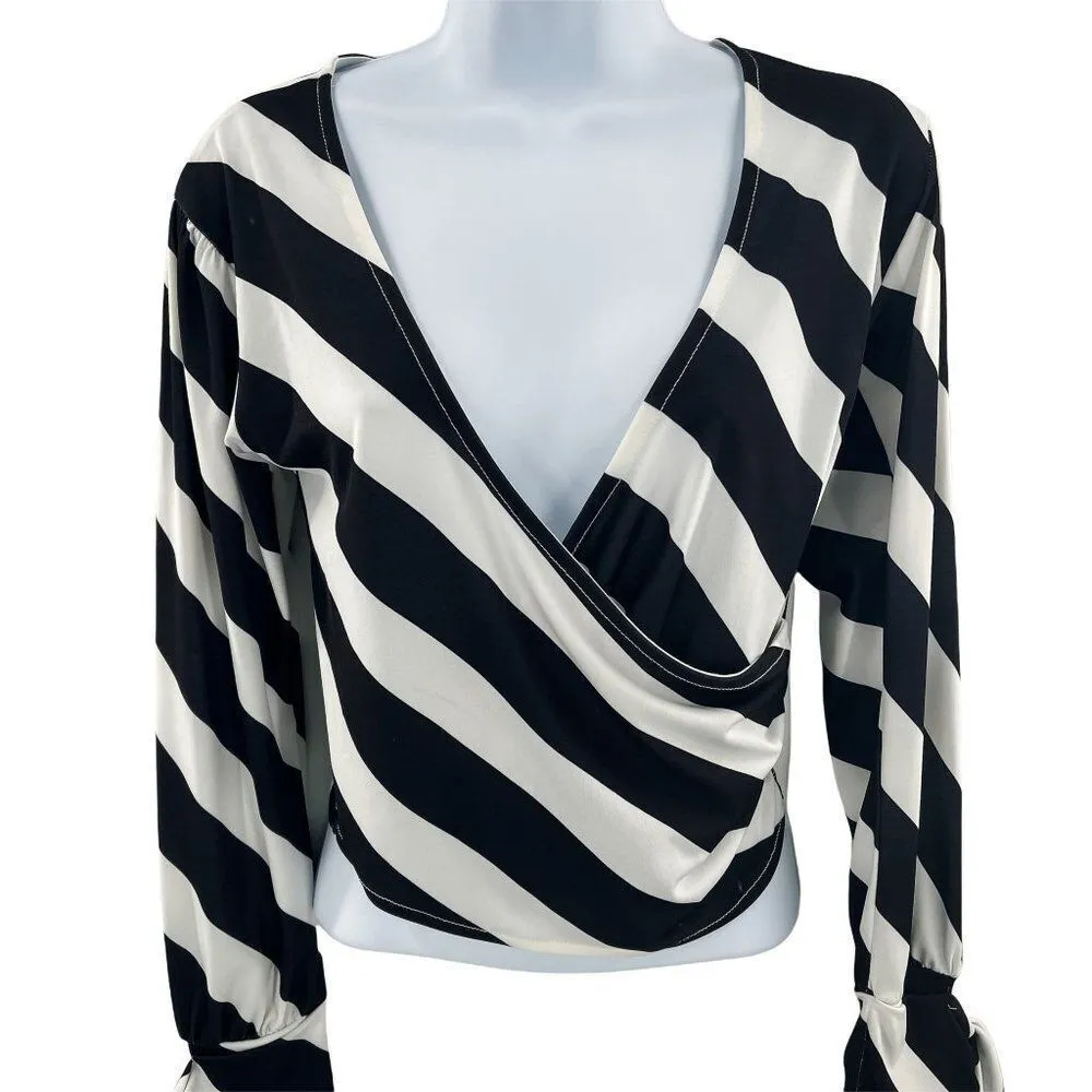 2/$30 TOPSHOP Striped Tie Sleeve V-Neck Wrap Blouse Top Shirt Bell Sleeve Black - Image 3