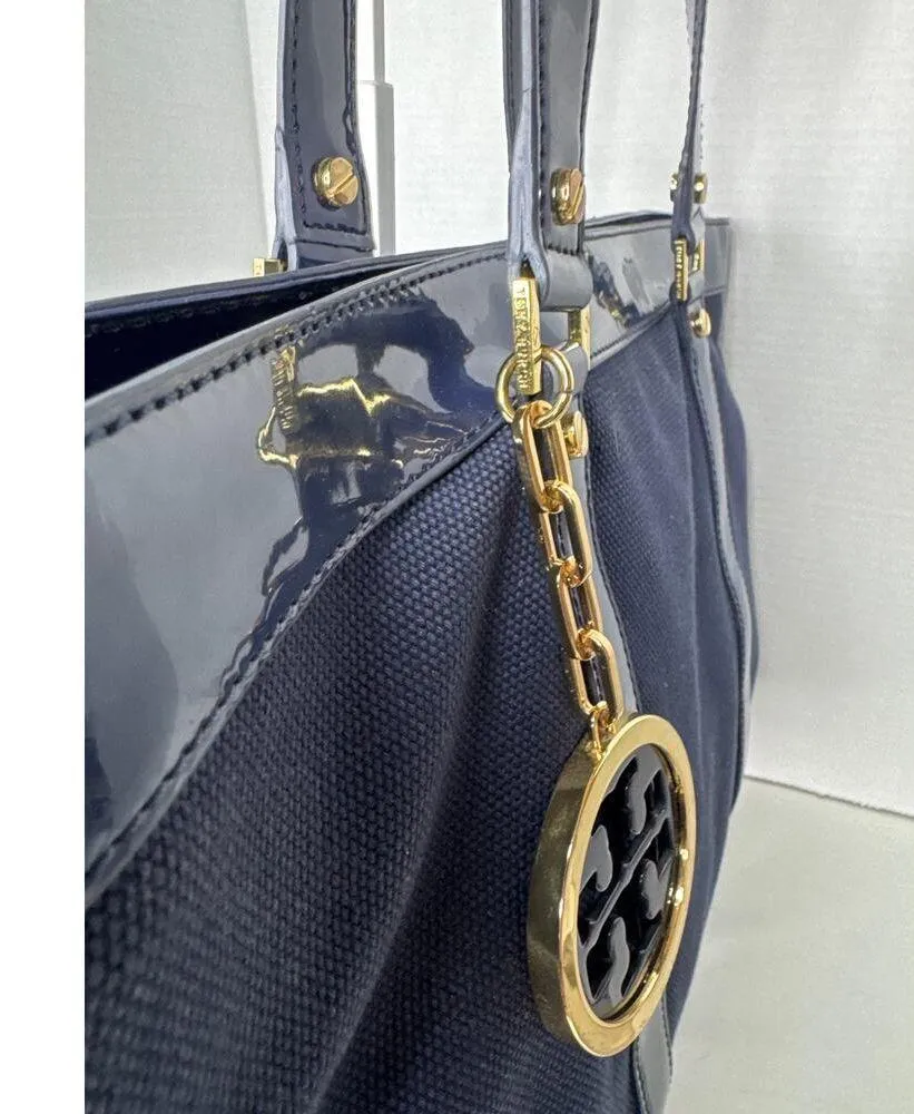 Tory Burch Canvas Jane Tote navy patient leather Shoulder Bag - Image 6