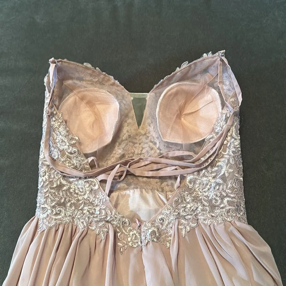 Women’s Pink Chiffon & Lace Appliqué Bridesmaid Dress Zip Up & Leg Slit Size 8 - Image 10