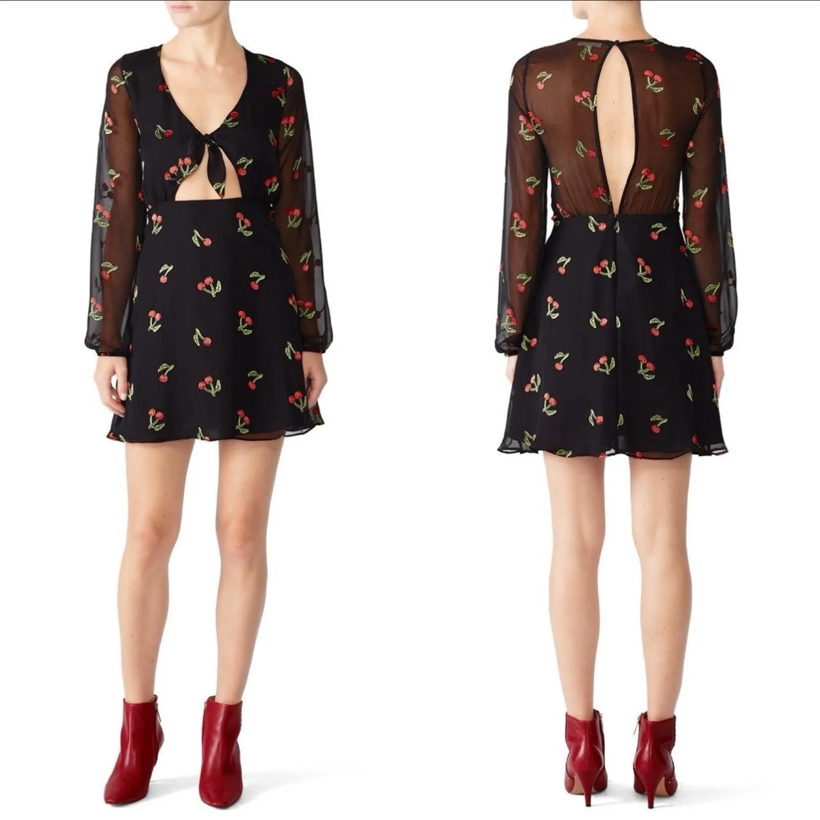 For‎ Love And Lemons Cherry Mini Dress Cottagecore Retro Velvet Sheer Cutouts L - Image 7