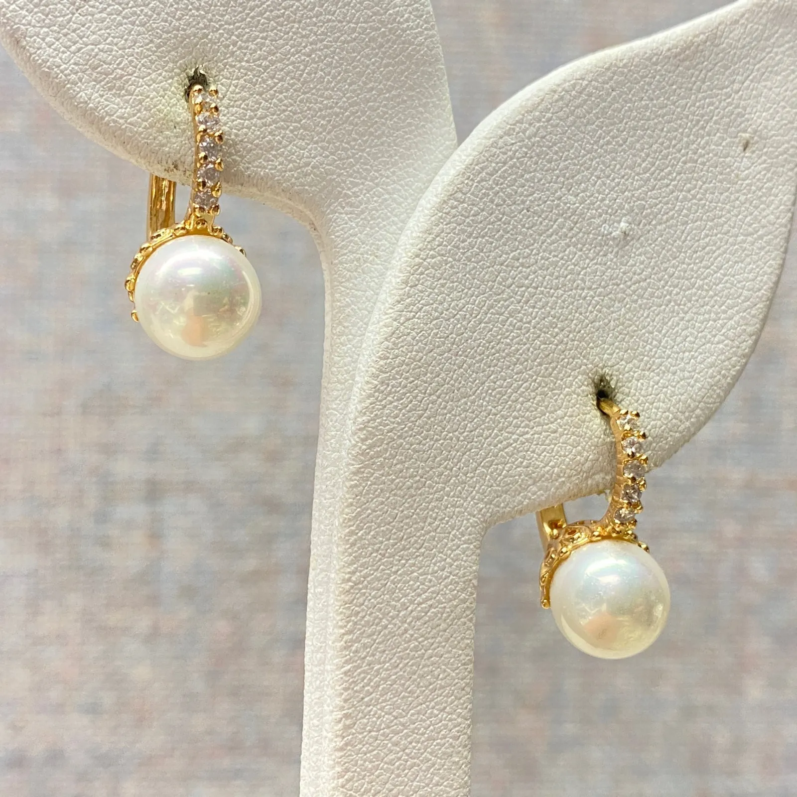 Gold Plated Faux Pearl Accents Leverback Drop Earrings Elegant Gift White - Image 4