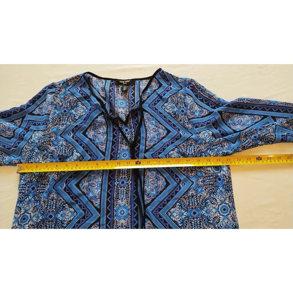 Nine West Blue/Black & white semi sheer Tunic Blouse neck tassel size Large - Image 8