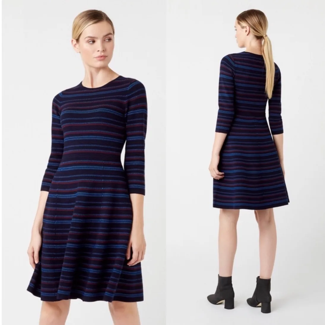 Hobbs London Katie Knit Stripe Fit Flare Dress Navy Red Blue US 10 Knee length - Image 8