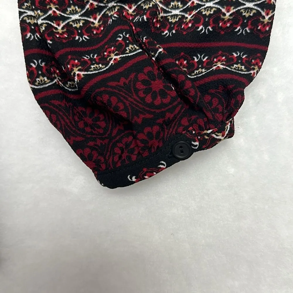 Harlowe & Graham Black with Red, Tan, White Regal Print Long Sleeve Blouse Sz XS - Image 3