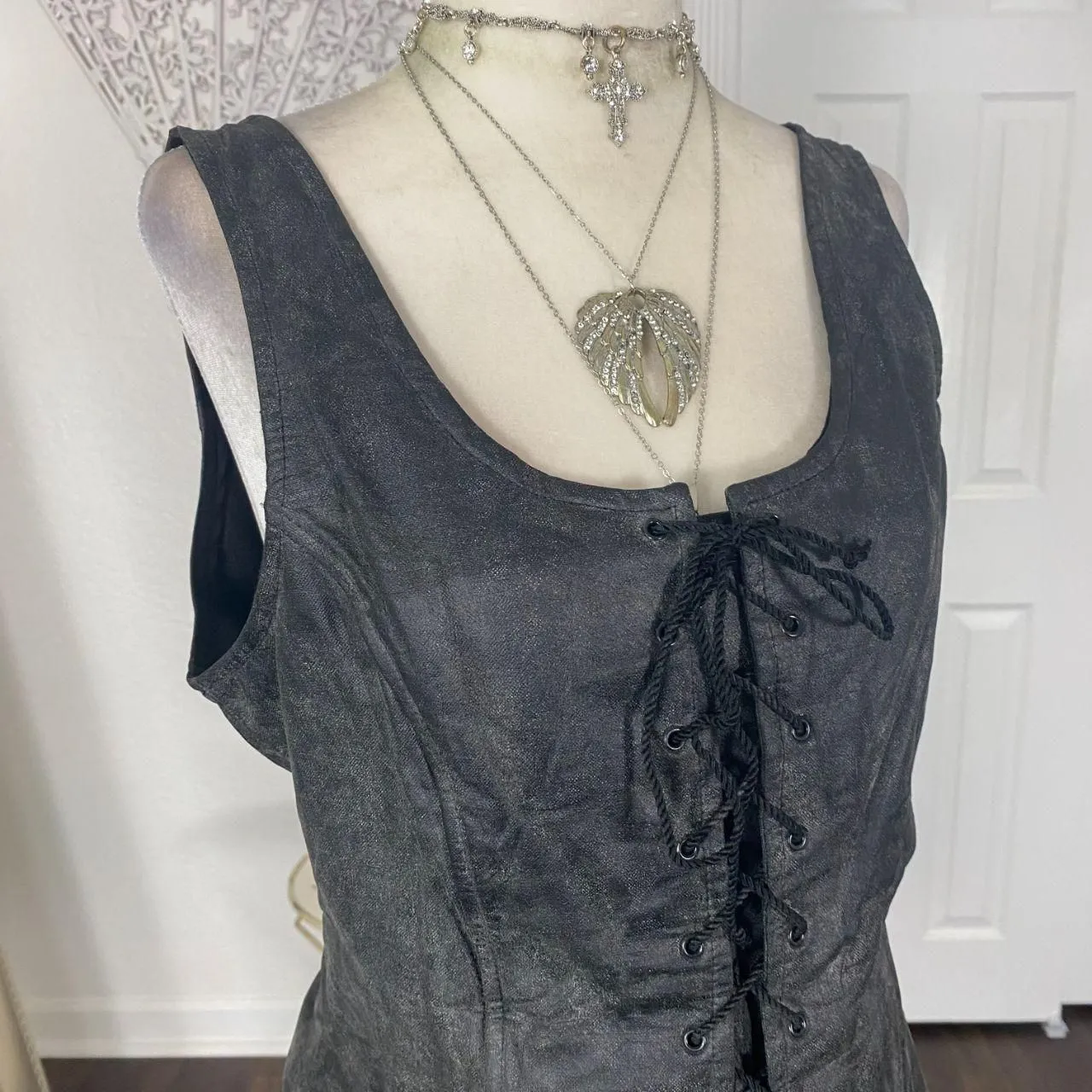 Frederick's Of Hollywood Rare Vintage Grunge Gothic Gray Black Corset Top L - Image 4