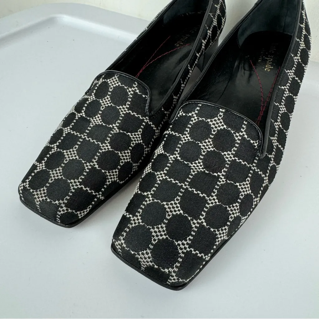 Vtg Kate Spade Heeled Loafers Sz 7B Black Dot Print Square Toe Noel - Image 6
