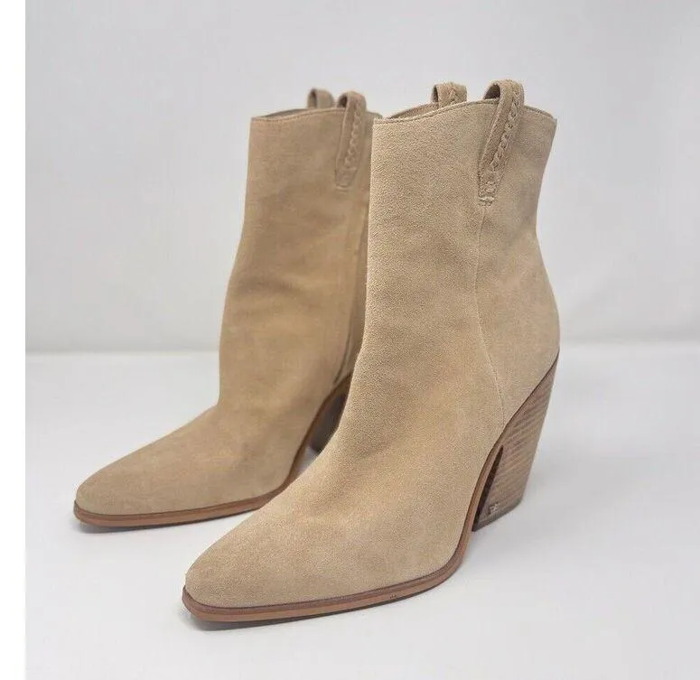 Sam Edelman Boots Beige Leather Agnes Stacked Heel Ankle Bootie Western US 10 M - Image 2