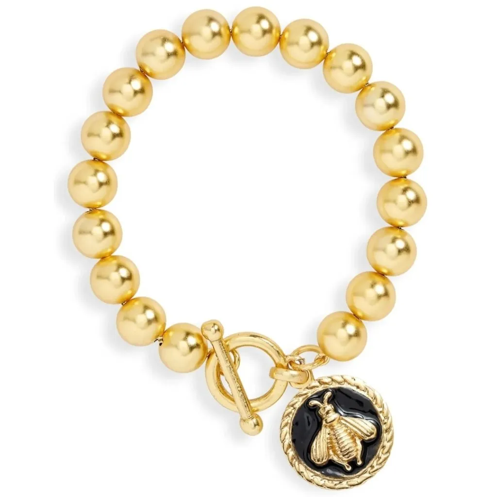 NWT Karine Sultan Black Enamel Bee Coin Charm Ball Chain Bracelet 24K Gold - Image 3