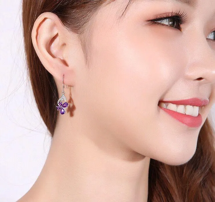 Women’s Crystal Butterfly Dangle Drop Earrings Purple - Image 4