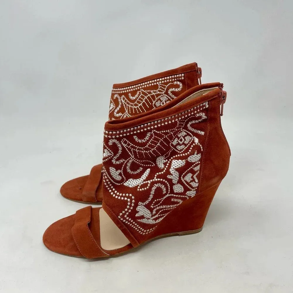 Anthropologie Plomo‎ Paula Embroidered Wedge Sandals Rust Orange Size 37 US 6.5 - Image 5
