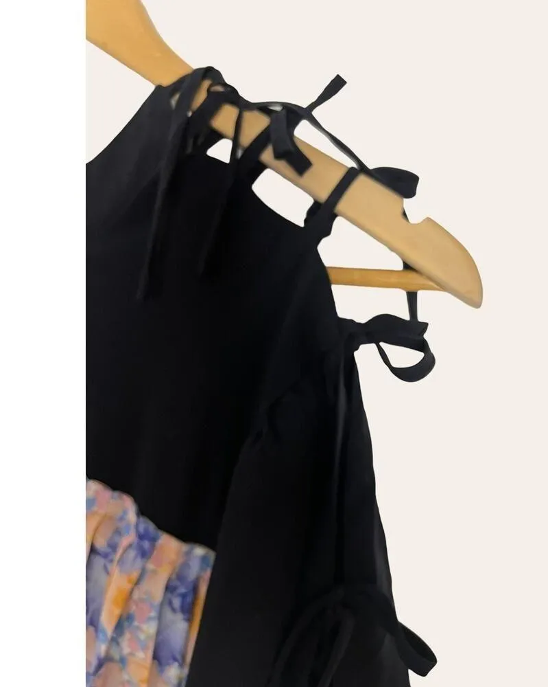 HAGAHI Navy Blue Pleated Floral Print Short Sleeve Asymmetrical Dress Size 6 - Image 5