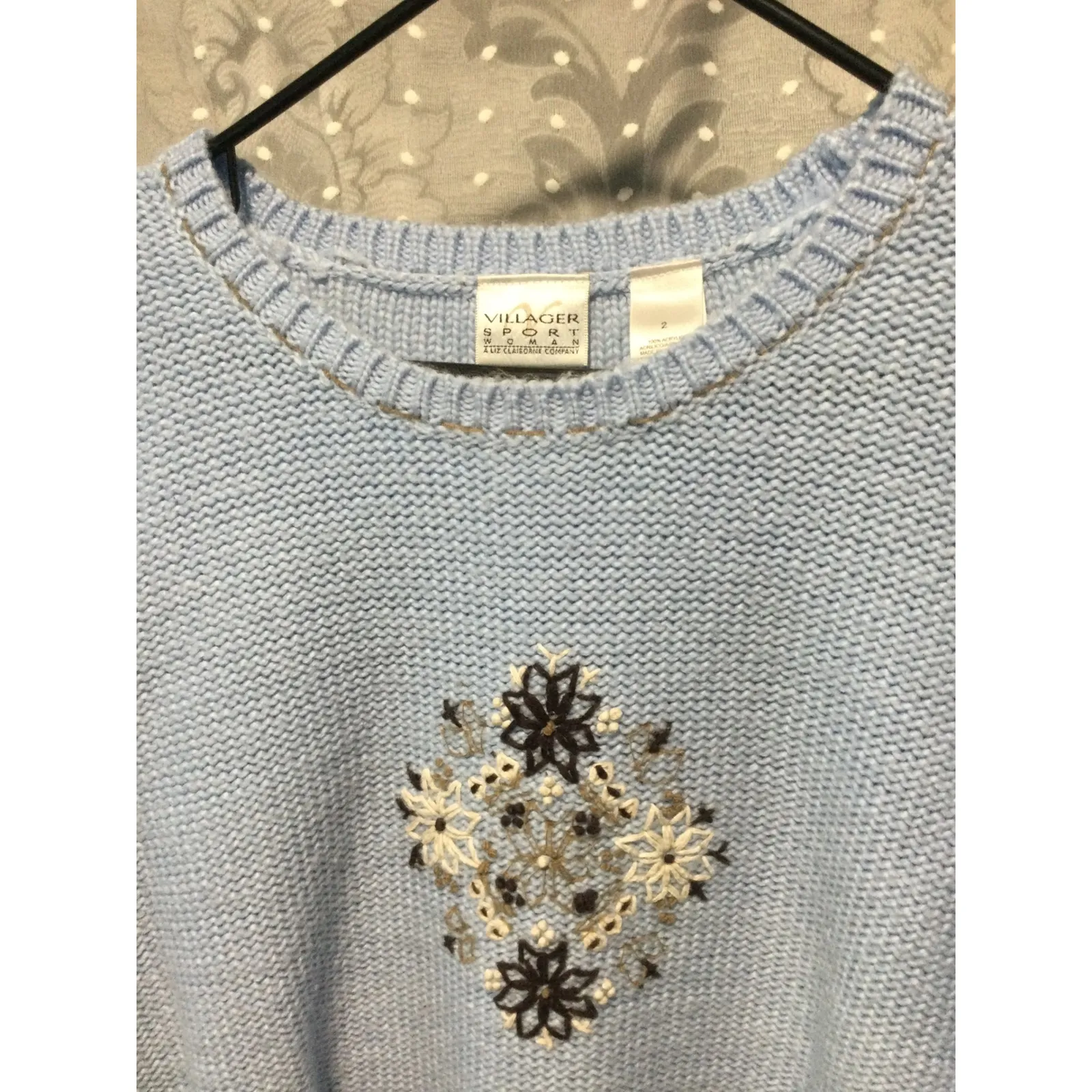 Villager Sport Embroidered Knit Sweater Blue Floral Accent Beads‎ Womens - Image 3