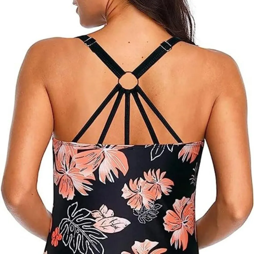 Women's Orange Black Floral Tankini Boyshorts Swimsuit Size Med NWT #1954 - Image 2