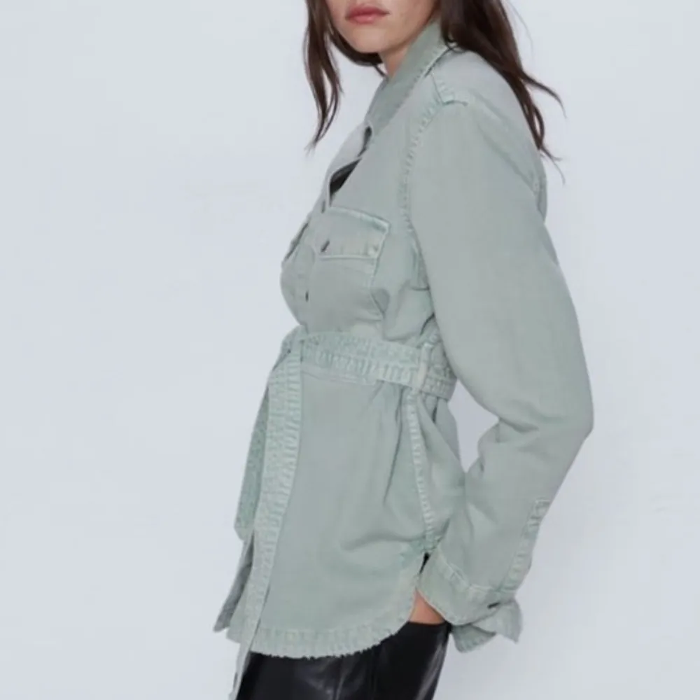 Zara denim belted cotton jean jacket sage green Sz XL - Image 2