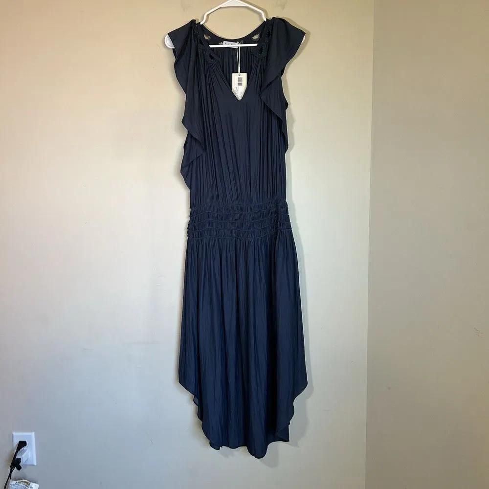 RAMY BROOK Wrenn Flutter Sleeve Silky Scalloped Midi Dress Navy‎ Medium - Image 3
