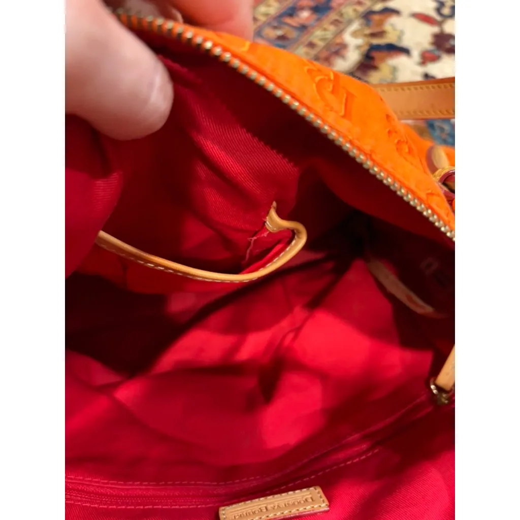 Dooney & Bourke Orange DB Logo Jacquard Satchel Bag Leather Trim Medium Purse - Image 13