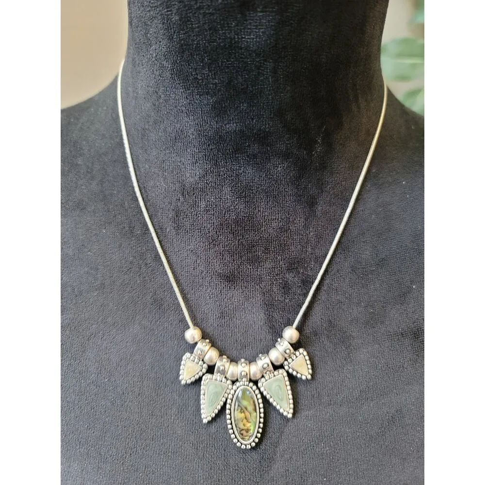 Womens Boho Pendant Necklace Silver Tone Green Stone Tribal Style Beaded Design - Image 2
