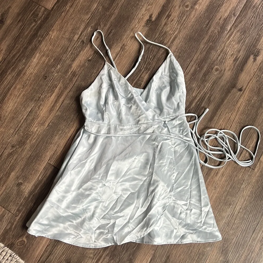 Light Blue Satin Mini Wrap Dress - Image 3