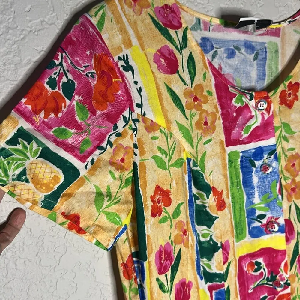 Vintage Hilo Hattie Hawaiian Tropical Floral Midi Shirt Dress Vacation Pineapple Gold Size 8 - Image 5
