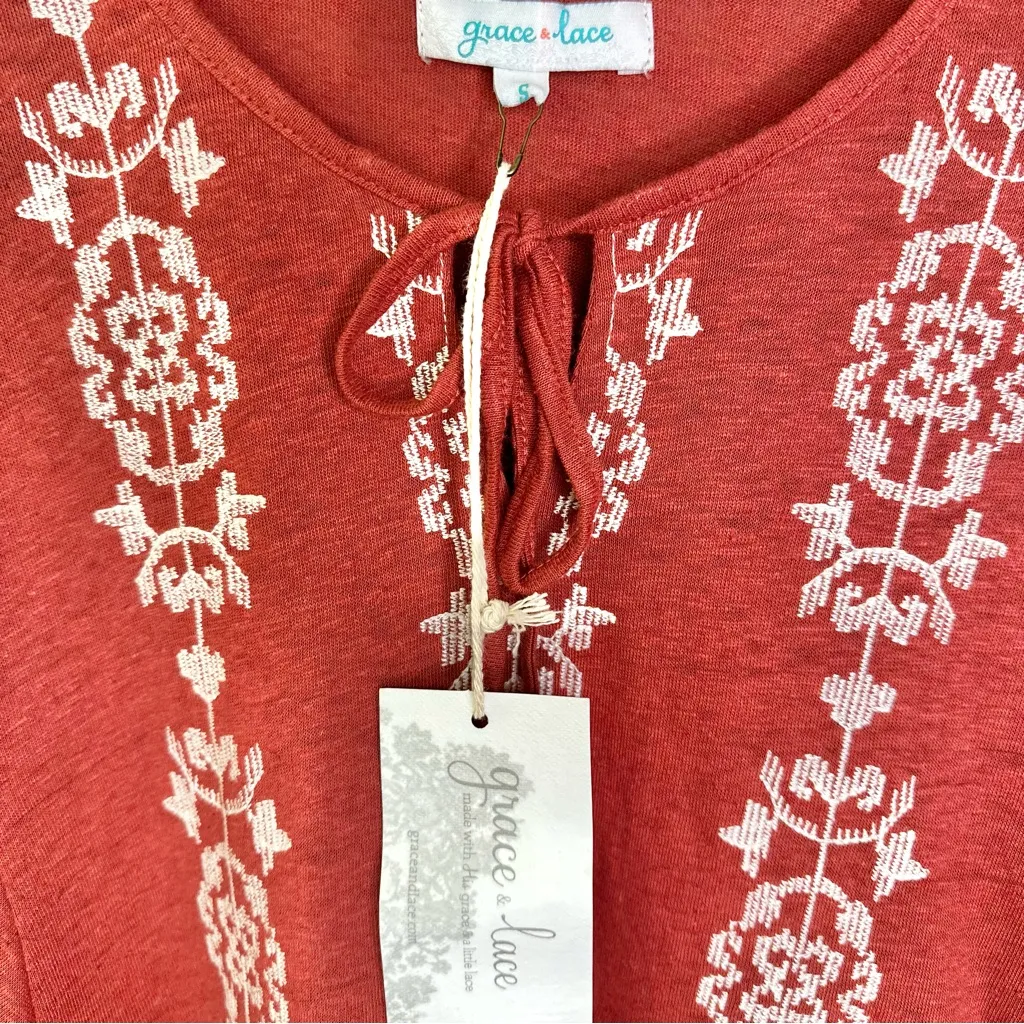 NWT Grace & Lace Autumn Days Embroidered Linen Cotton Tassel Tie Neck Blouse Top Orange - Image 4
