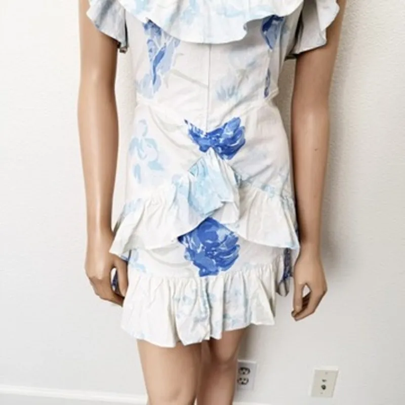 [SABO] White Peony Blue Floral Print Ruffle Mini Dress NWT Fit & Flare Sz Large - Image 7