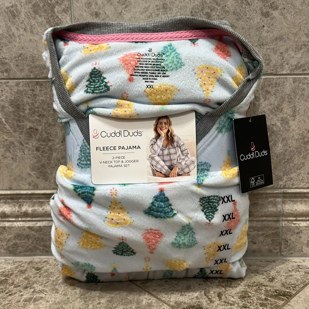 Cuddl Duds Velour Fleece V Neck PJ Pajama Set NEW Christmas Trees XXL - Image 2