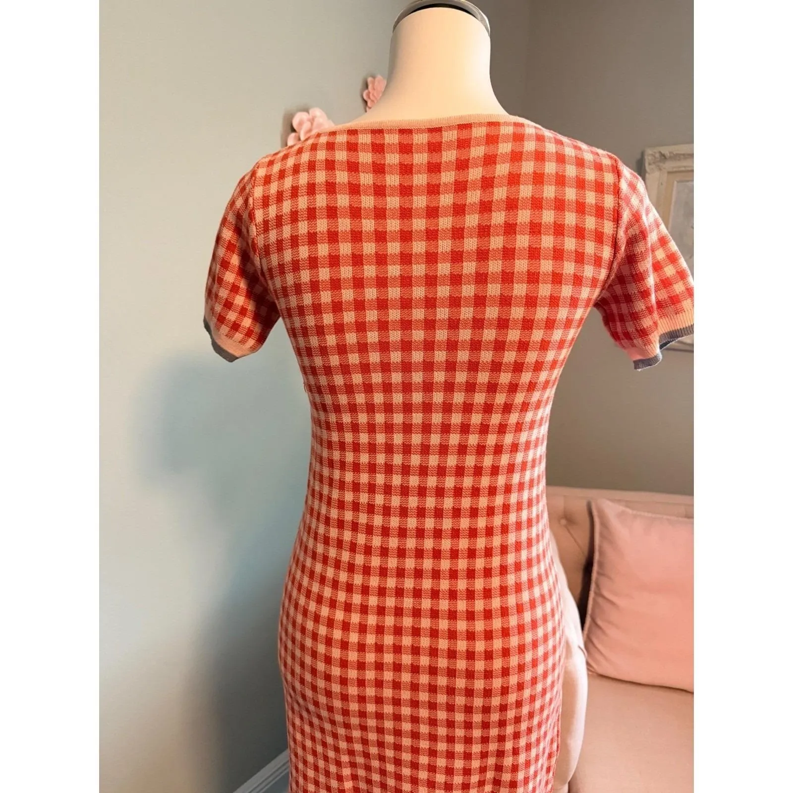 Vintage Gingham Peter Pan Collar Knit Dress Short Sleeve Retro sinze SM Red - Image 3